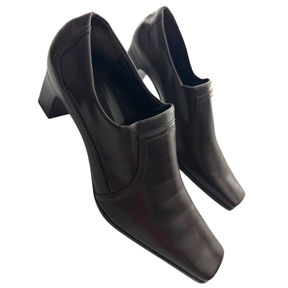 Franco Sarto Brown Leather Slip On Shoe Square Toe Block Heel Marmo Size 10
